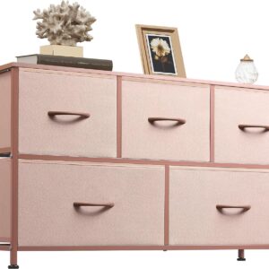 AUCT 22076 - $63 WLIVE Wide Dresser for Bedroom, 5 Drawer Chest of Drawers, Pink