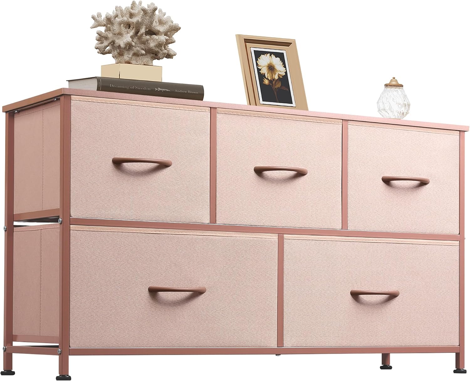 AUCT 22076 - $63 WLIVE Wide Dresser for Bedroom, 5 Drawer Chest of Drawers, Pink