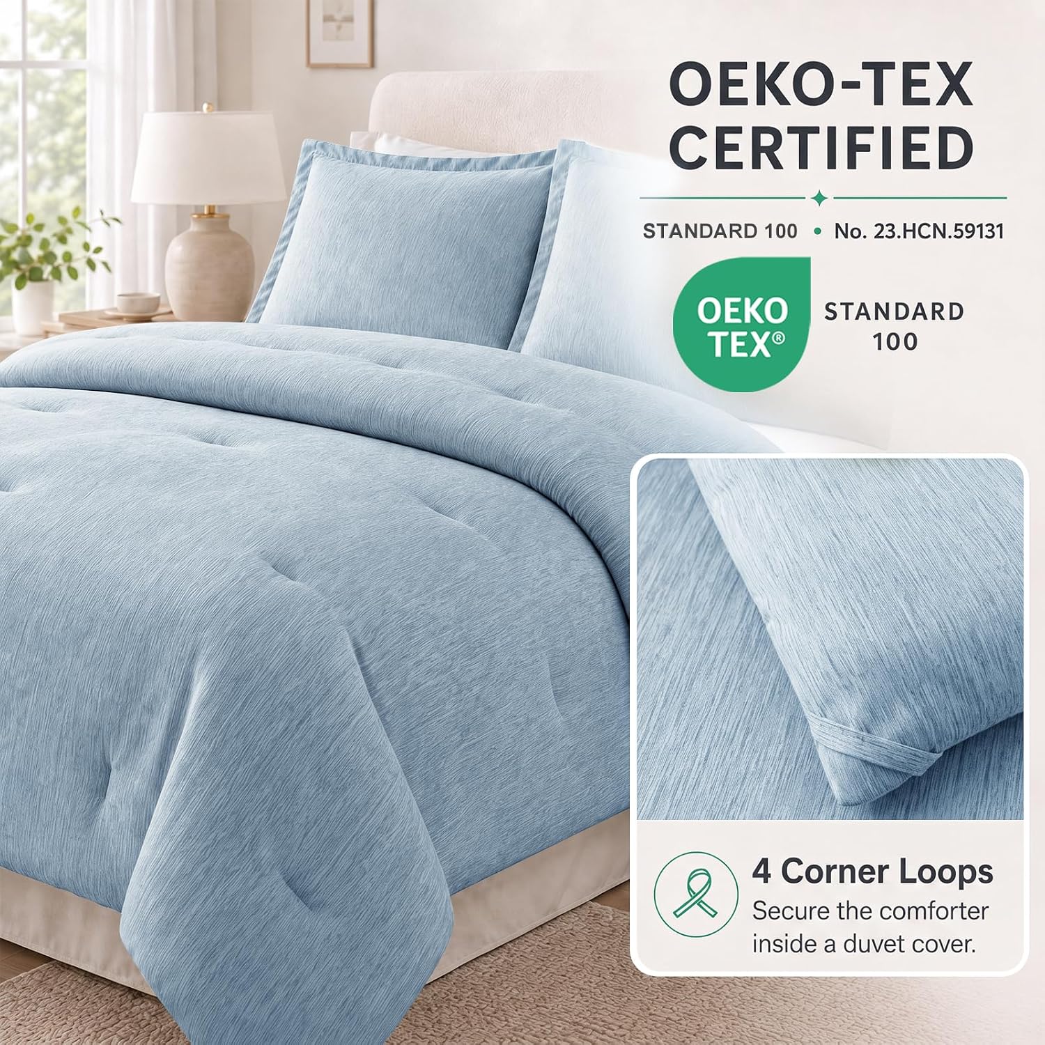 AUCT 20437 - $63 CozyLux California King Comforter Set, Heathered Blue 3 Pieces Bedding Sets - Image 4