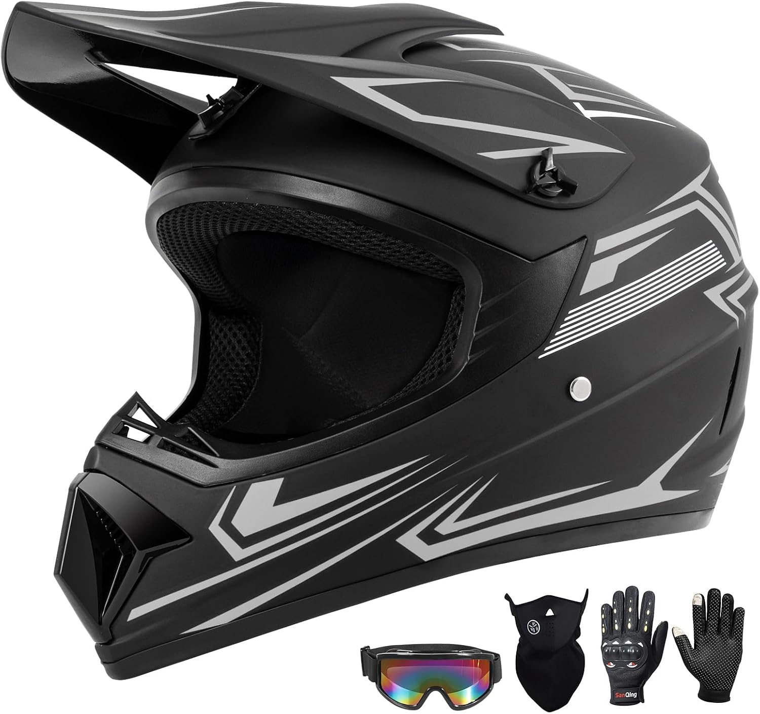 AUCT 22505 - $69 Youth Kids Dirt Bike Motocross Helmet (Goggles Gloves Face Mask) 4PCS Set, DOT Approve