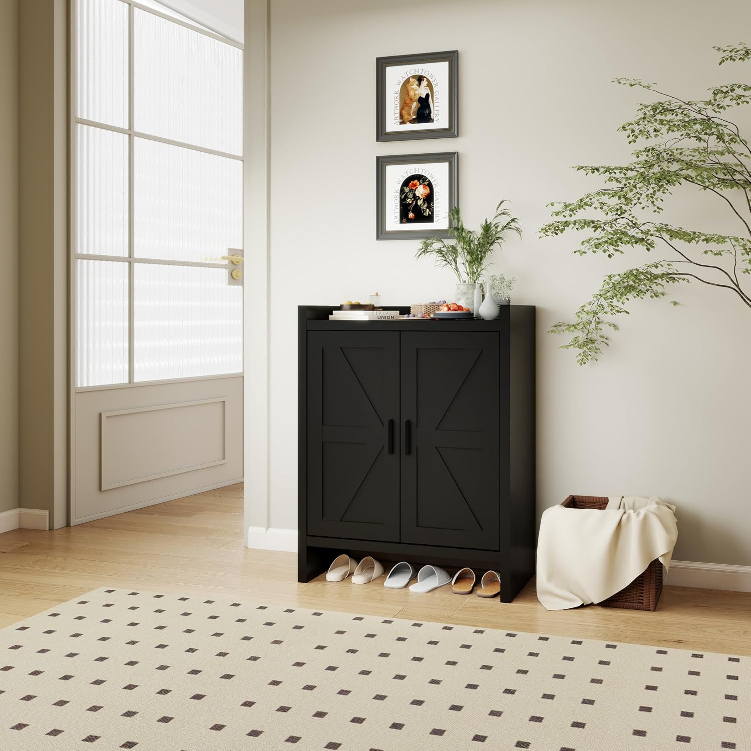 AUCT 20985 - $73 Panana 5 Layer Farmhouse Style Shoe Cabinet, Wooden Freestanding Shoe Rack with 2 Door - Image 4