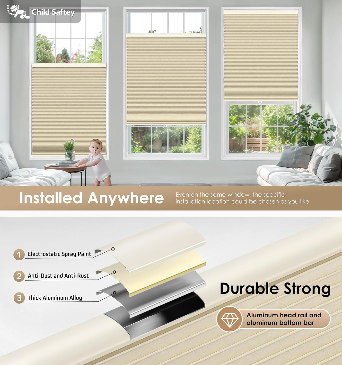 AUCT 22381 - $53 LazBlinds No Drill Cordless Cellular Shades, 40" W x 48" H, Beige - Image 3