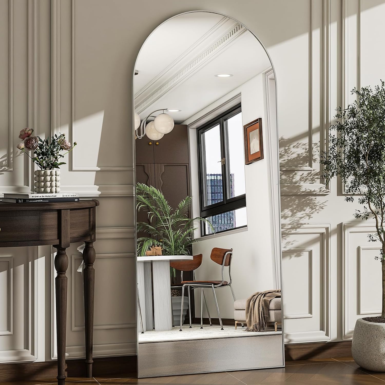 AUCT 22577m - $58 57" x 20" Arched Full Length Mirror - Wall Mounted/Floor Mirror Aluminum Alloy Frame F