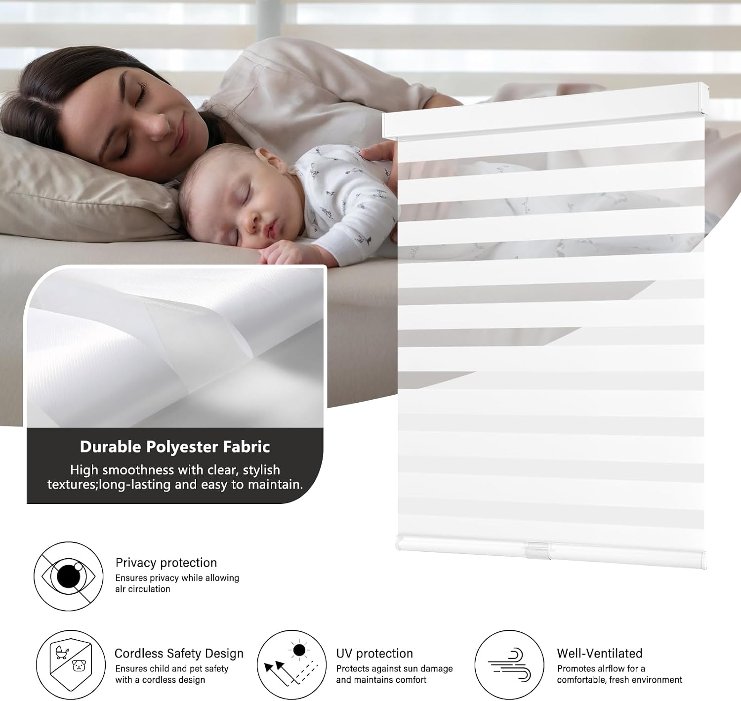 AUCT 22465 - AOSKY Cordless Zebra Blinds for Indoor Windows, 30.5" W x 72" H, White - Image 3