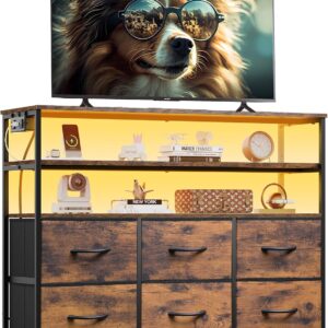 AUCT 20978 - $53 WLIVE TV Stand for 45" TV, 6 Fabric Drawer with LED, Rustic Brown