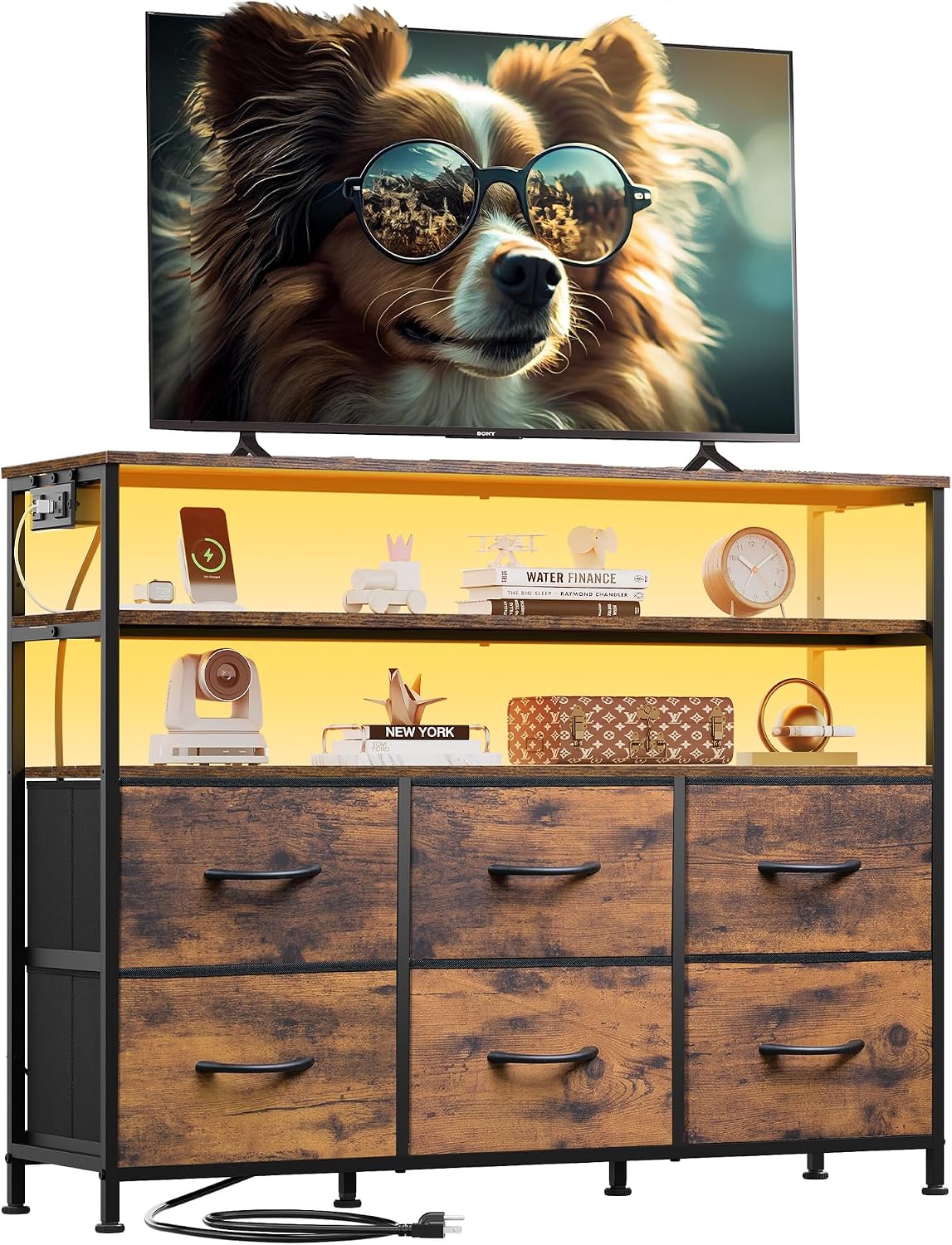 AUCT 20978 - $53 WLIVE TV Stand for 45" TV, 6 Fabric Drawer with LED, Rustic Brown