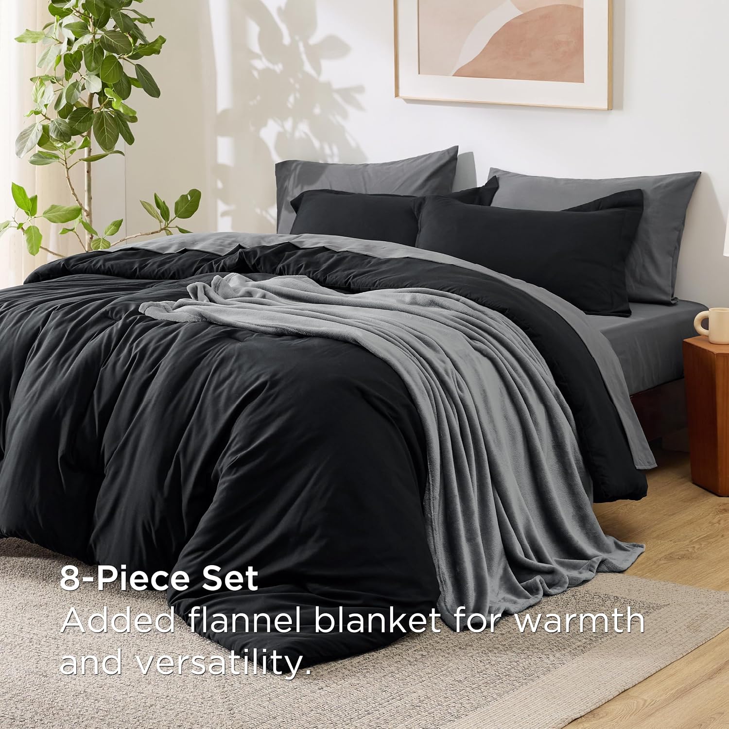 AUCT 21013 - Bedsure Queen Comforter Set Black, 8 Pieces Prewashed Queen Size Bed in a Bag with Soft Fl - Image 2