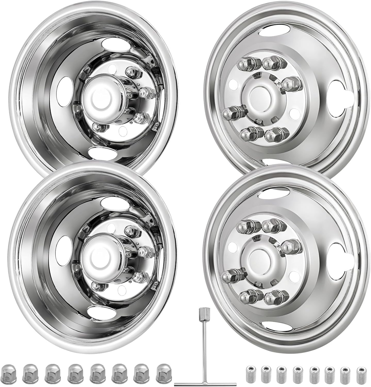 AUCT 20648 - $250 CIRONBOW 16" 8 Lug Wheel Simulators,Stainless Steel,with Bolt Kit Fit for Pick-up Tru