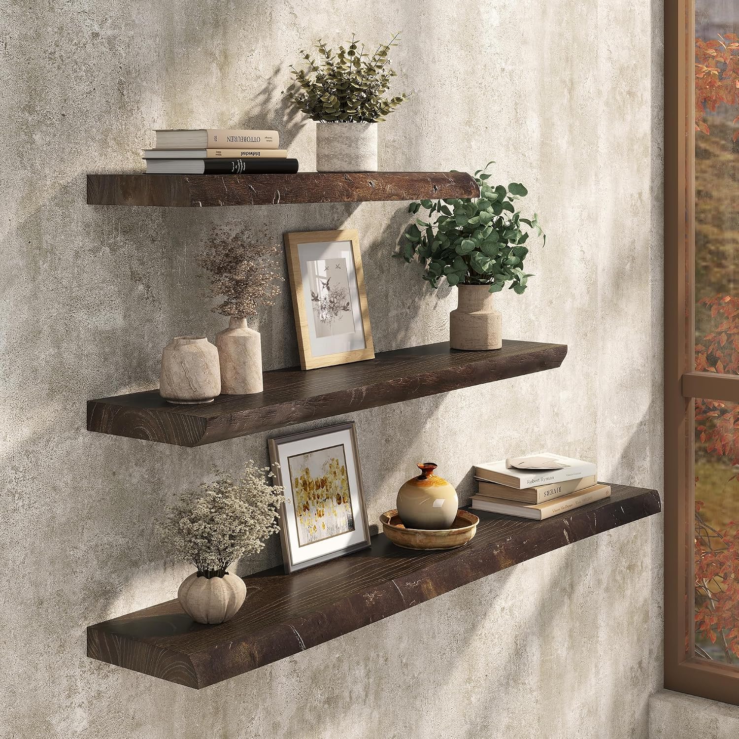 AUCT 22633 - $86 36" Live Edge Floating Shelves, Solid Elm Wood Shelf, Set of 2 - Image 2