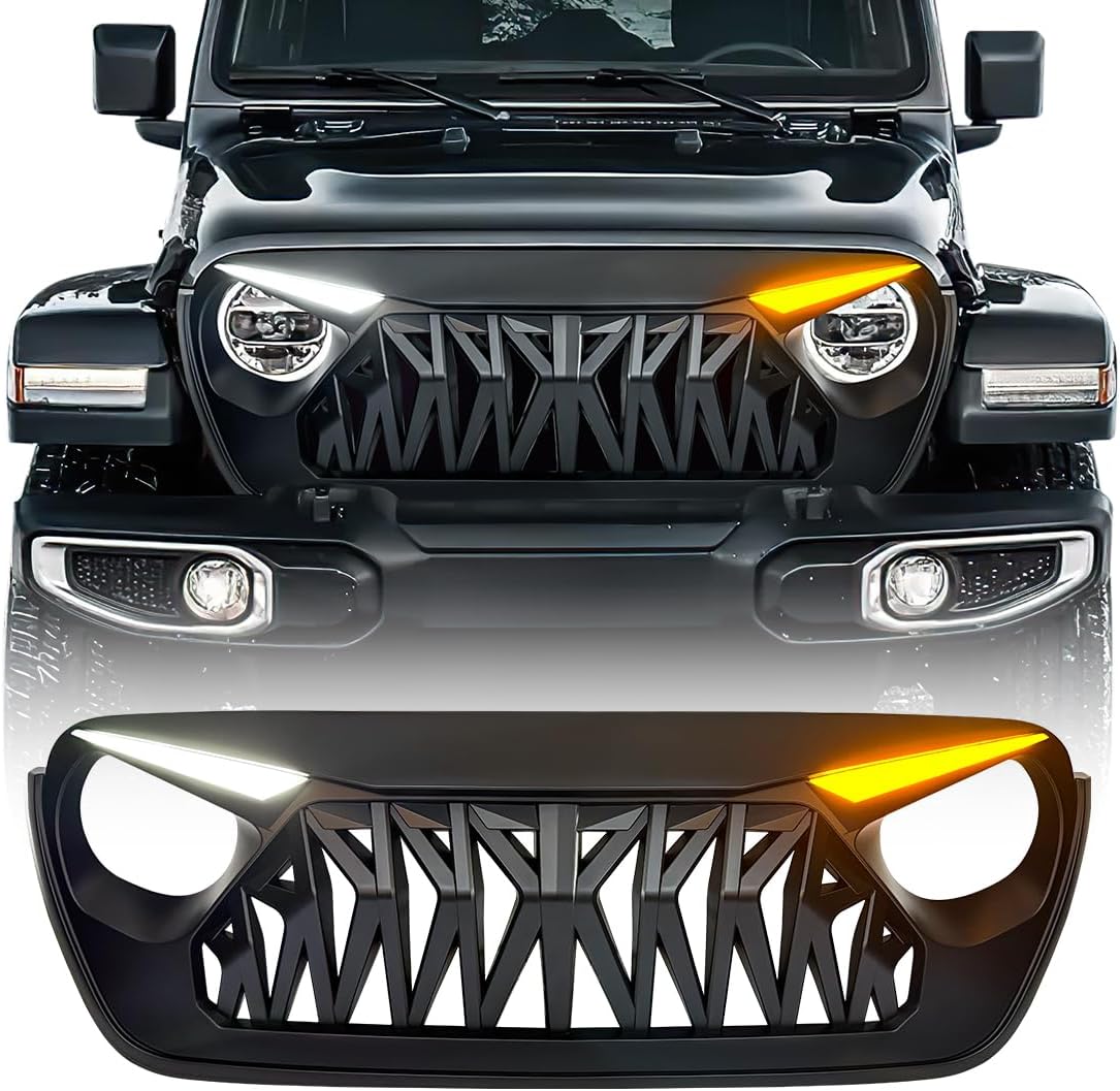 AUCT 22648 - $155 Front Shark Grille Compatible with 2018-2025 Jeep Wrangler JL JLU Gladiator JT, w/DRL