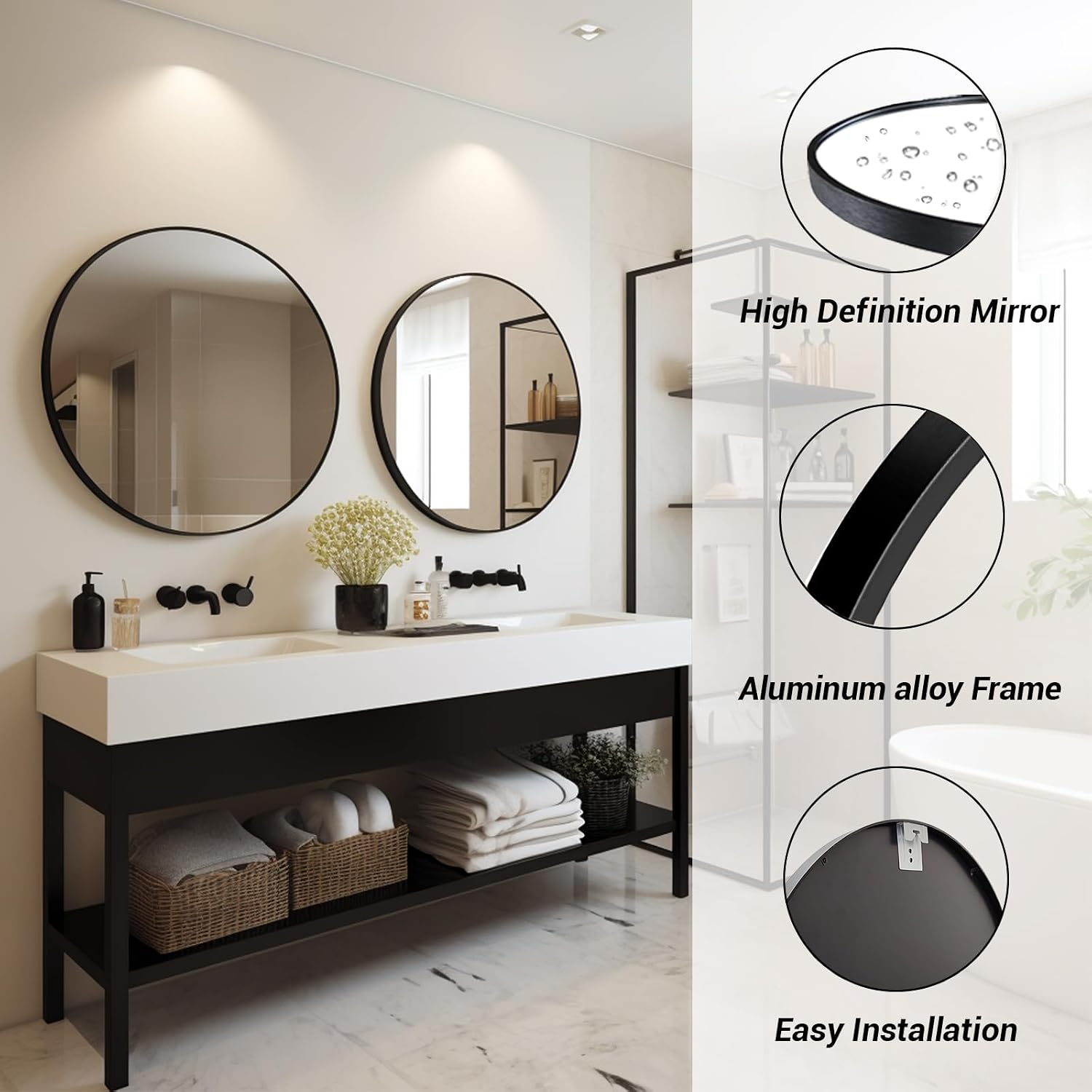 AUCT 22579m - $52 Sunniry Round Mirror 28 inch, Round Black Mirror, Matte Black Metal Frame - Image 2
