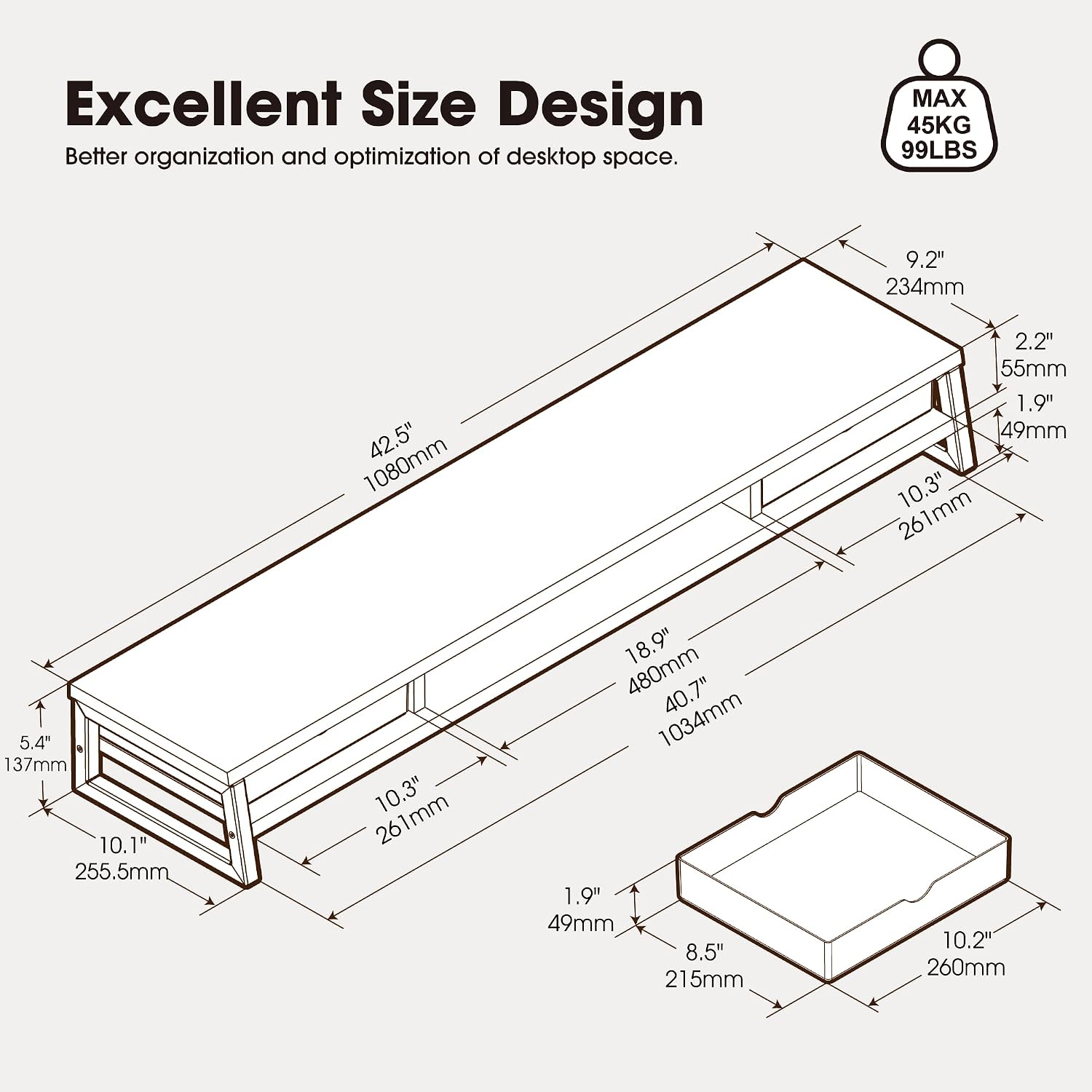 AUCT 20575 - $90 Fenge Dual Monitor Stand Riser, 42.5in Desk Shelf with 2 Drawers, Black - Image 3