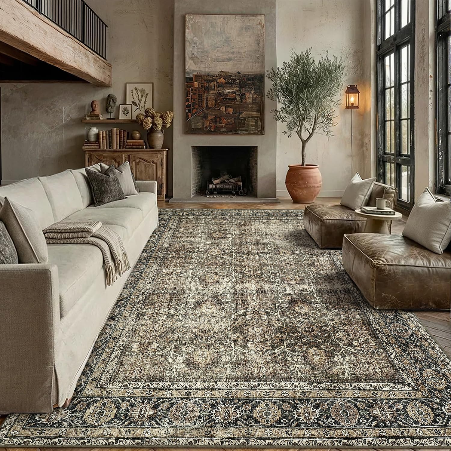 AUCT 21711 – $92 PureCozy Brown Area Rug 12×15 Vintage Traditional Distressed