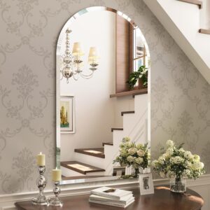 AUCT 22329m - $133 Frameless Bathroom Mirror, 28" x 40" Arched Beveled Frameless Mirror, Arch Wall Mount