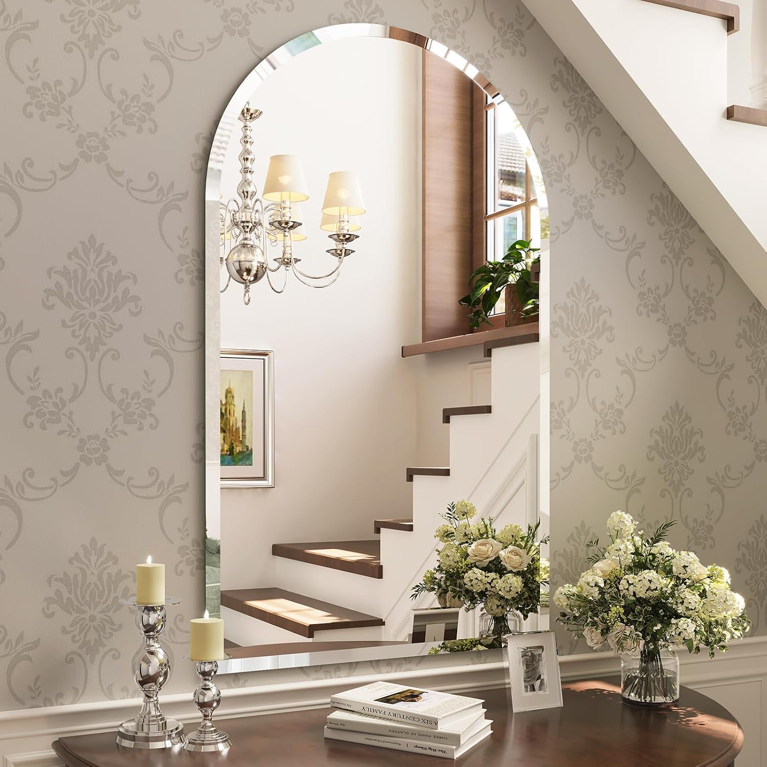 AUCT 22329m - $133 Frameless Bathroom Mirror, 28" x 40" Arched Beveled Frameless Mirror, Arch Wall Mount