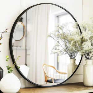 AUCT 22579m - $52 Sunniry Round Mirror 28 inch, Round Black Mirror, Matte Black Metal Frame