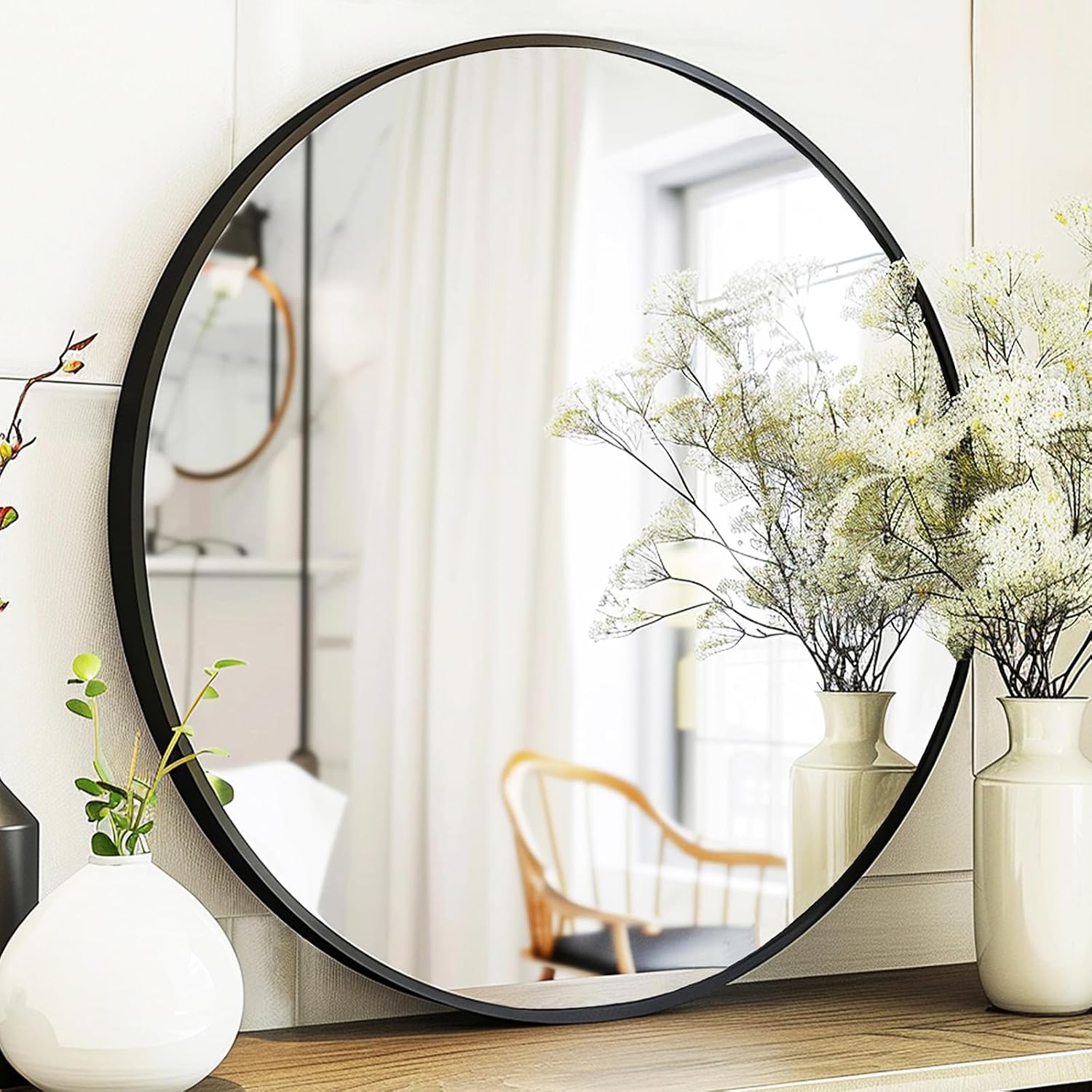 AUCT 22579m - $52 Sunniry Round Mirror 28 inch, Round Black Mirror, Matte Black Metal Frame