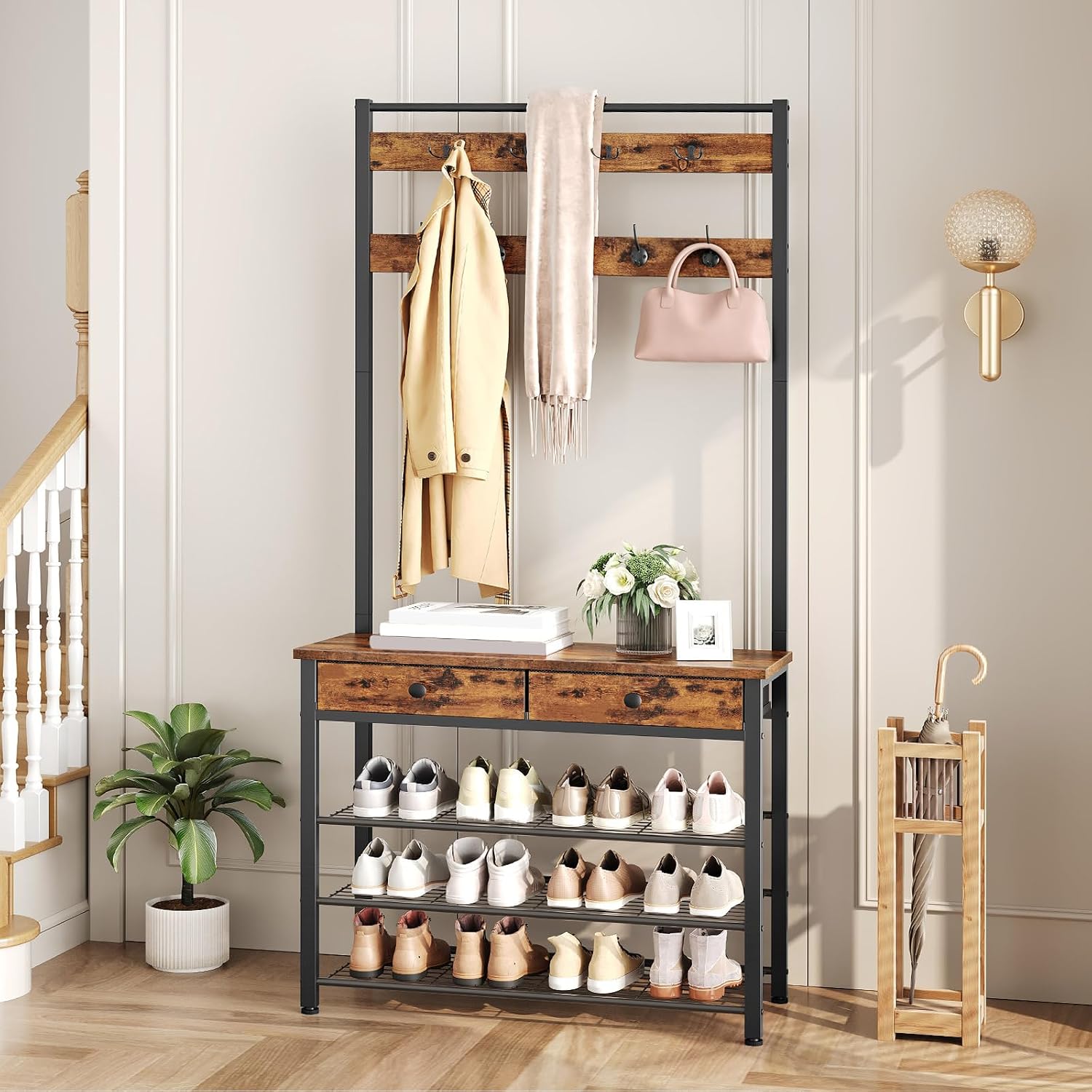 AUCT 21629 - $90 HOOBRO Hall Tree, Entryway Coat and Shoe Rack, 2 Fabric Drawers, Hall Tree with Bench, - Image 2