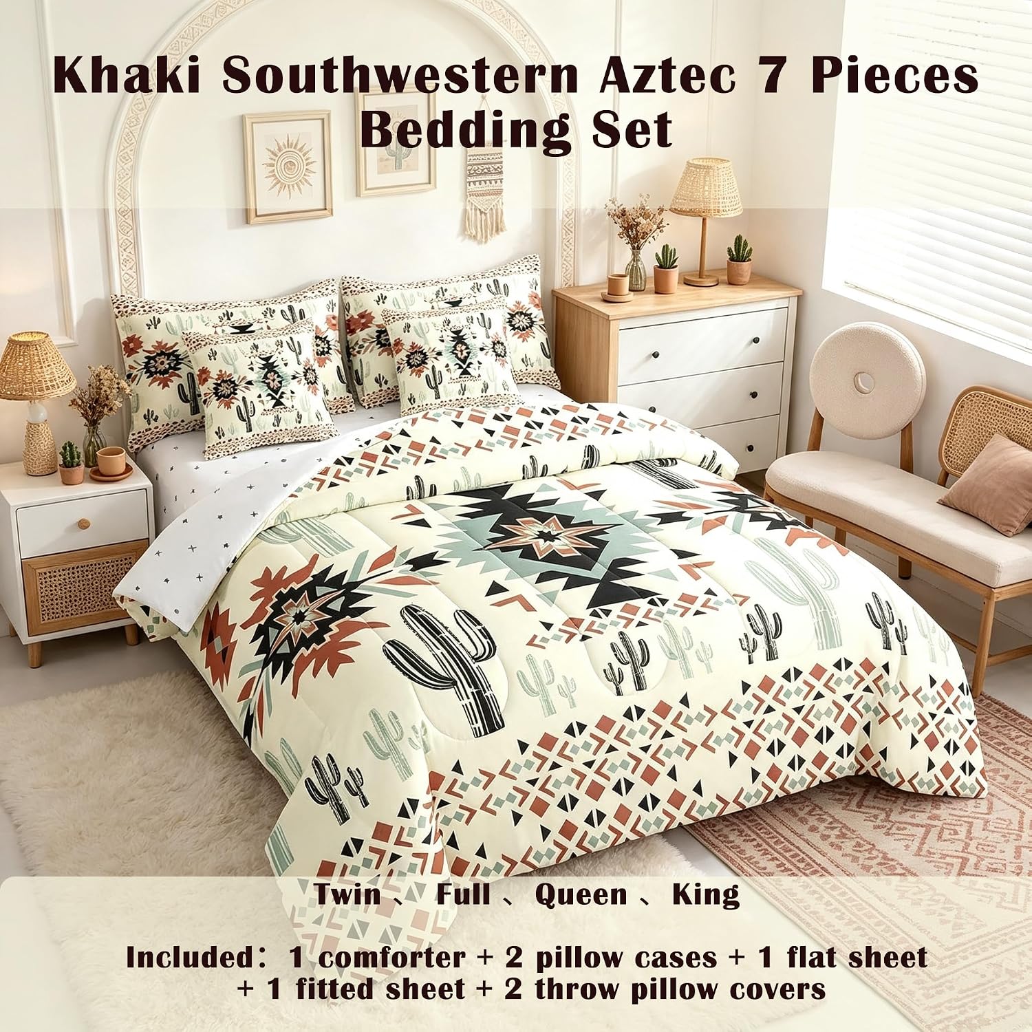 AUCT 21792 - $57 Feelyou Khaki Southwestern Aztec 7 Pieces Bedding Set Kids Geometric Vintage Comforter - Image 2
