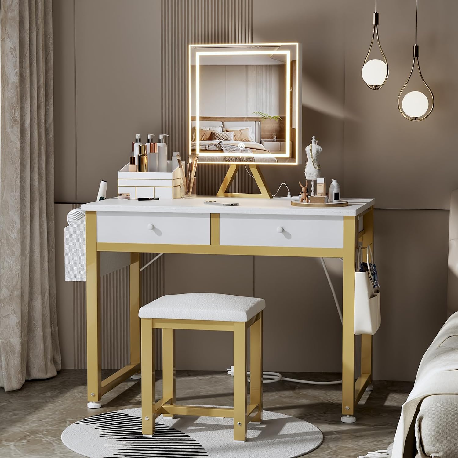AUCT 20998 - $115 Lufeiya Small Makeup Vanity Desk with Mirror and Light, 32 inch White Vanity Desks Se - Image 2