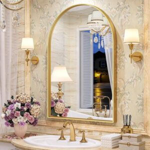 AUCT 21613m - $87 Brightify Gold Arched Mirror, 24 x 32 Inch Arch Wall Mirror, Brass Metal Frame Bathroo