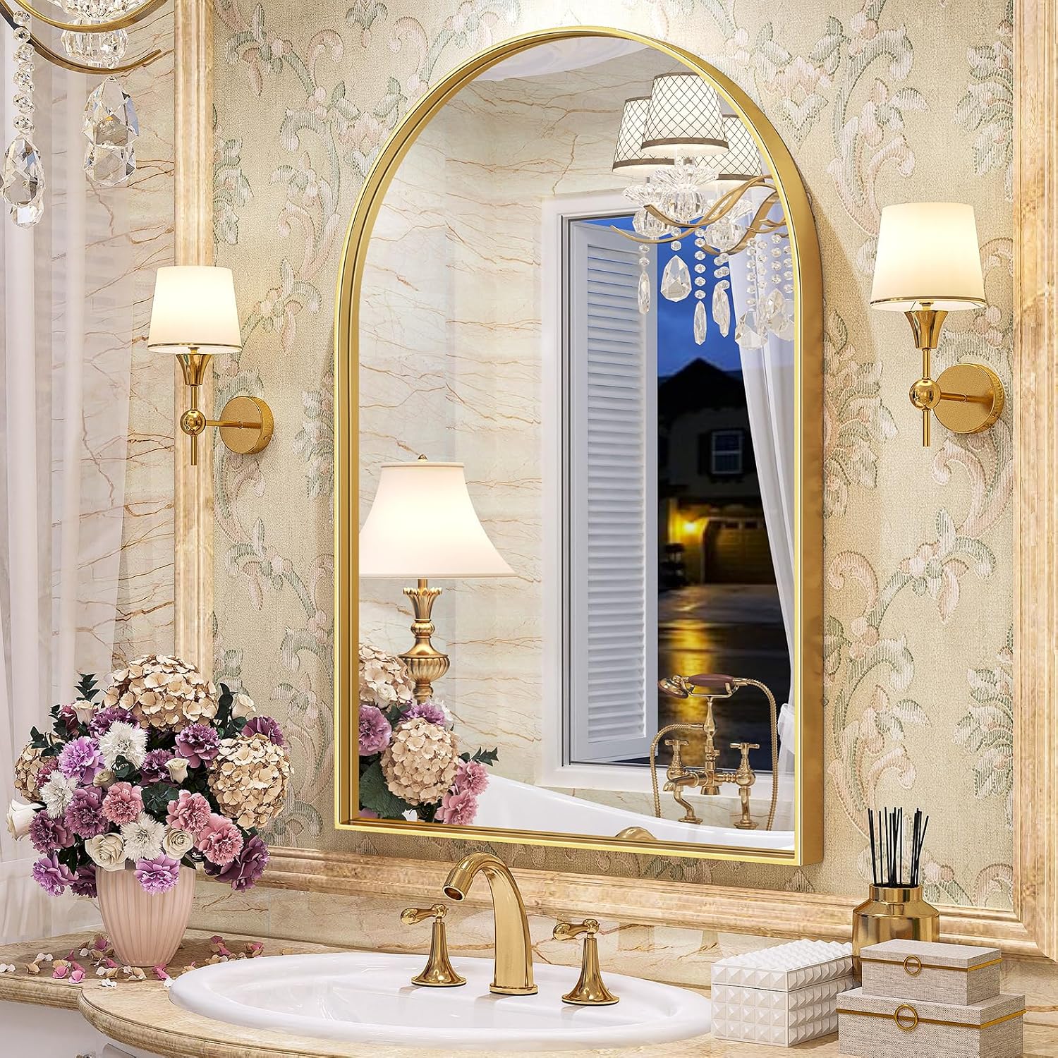 AUCT 21613m - $87 Brightify Gold Arched Mirror, 24 x 32 Inch Arch Wall Mirror, Brass Metal Frame Bathroo