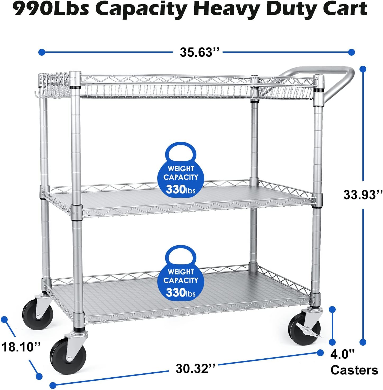 AUCT 22647 - $90 WDT 990Lbs Capacity Heavy Duty Rolling Utility Cart, NSF Rolling Carts with Wheels,Com - Image 3