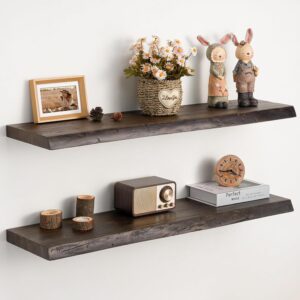 AUCT 22633 - $86 36" Live Edge Floating Shelves, Solid Elm Wood Shelf, Set of 2