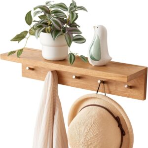 AUCT 22527 - Oak Wood Coat Rack Wall Mount With Shelf 20 Inch Long, 5 Hooks, Floating Entryway Wall She