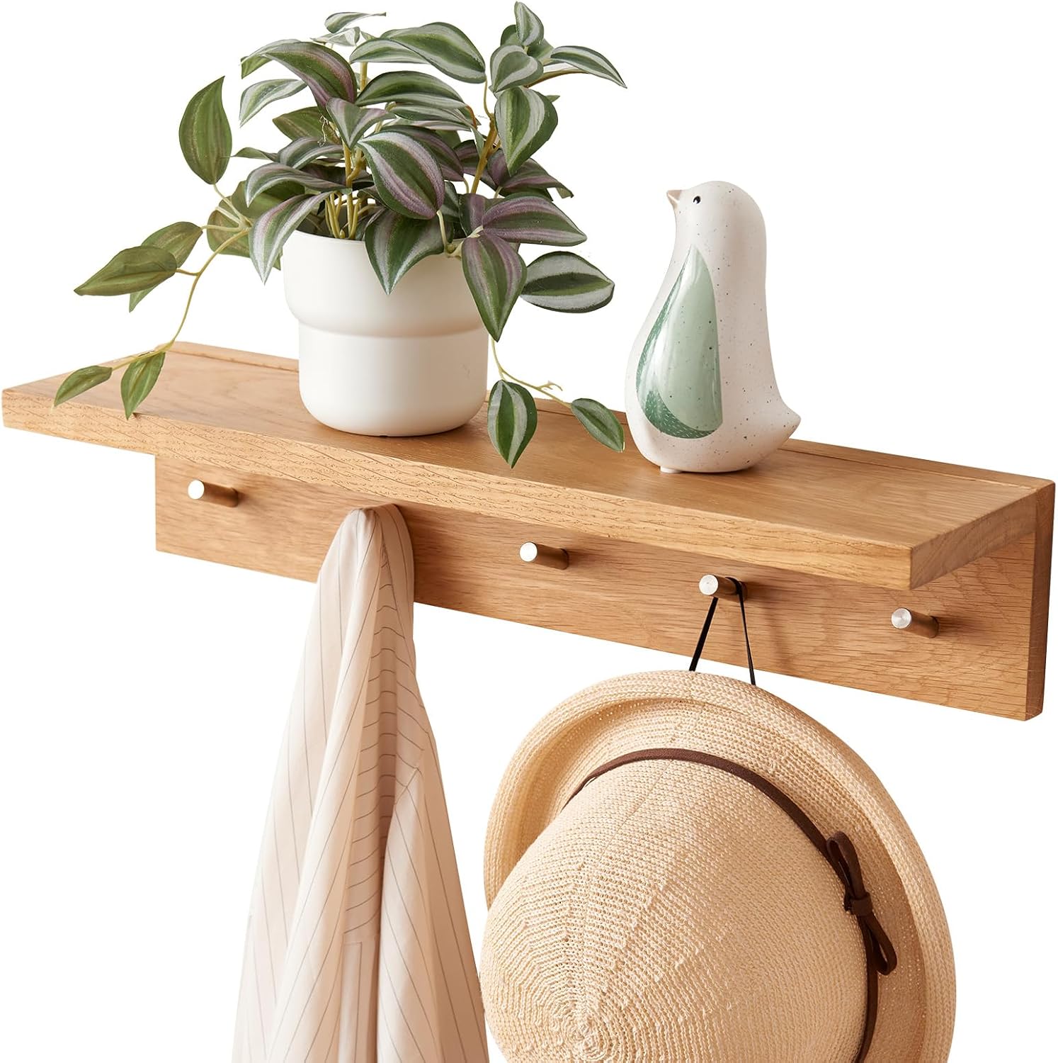 AUCT 22527 - Oak Wood Coat Rack Wall Mount With Shelf 20 Inch Long, 5 Hooks, Floating Entryway Wall She