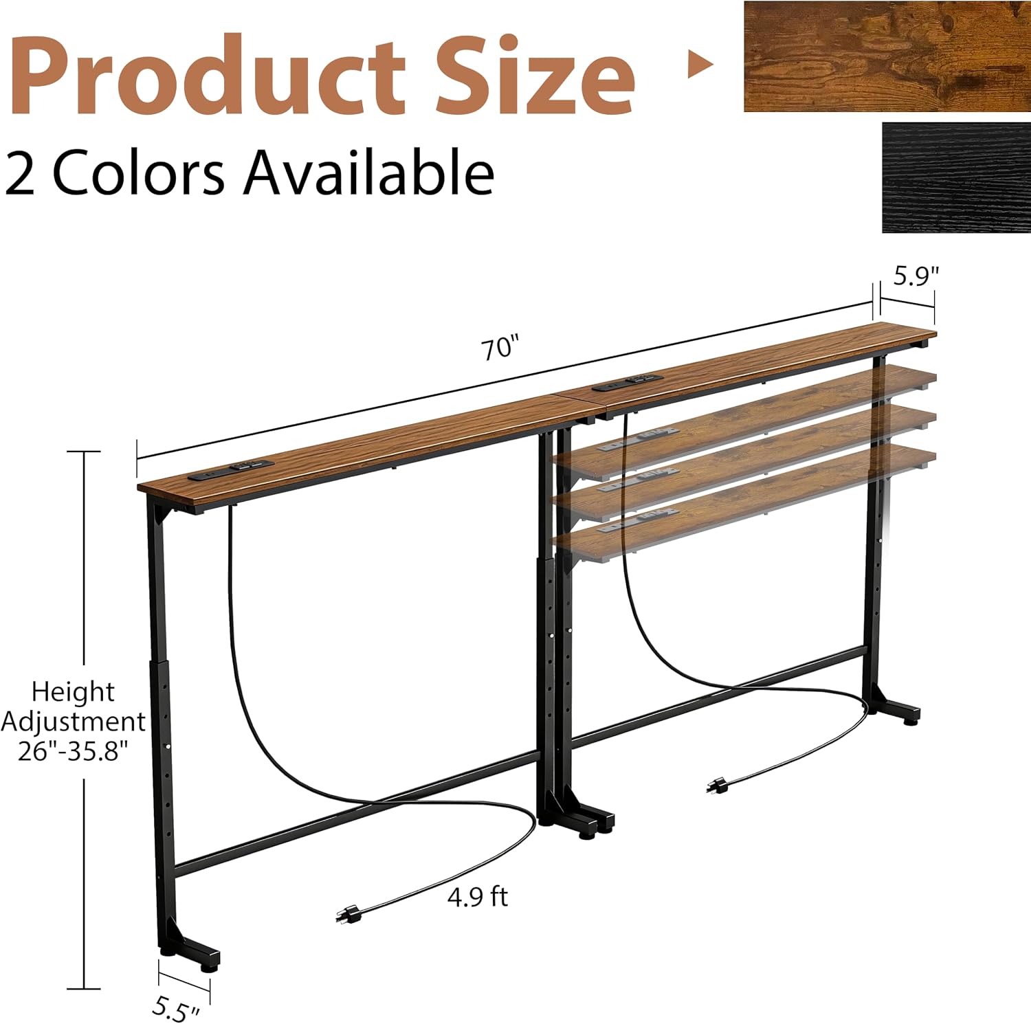 AUCT 22612 - $86 GRLEAF 2 Pack Adjustable Height Narrow Console Table with Power Outlets, 70" Long Sofa - Image 3