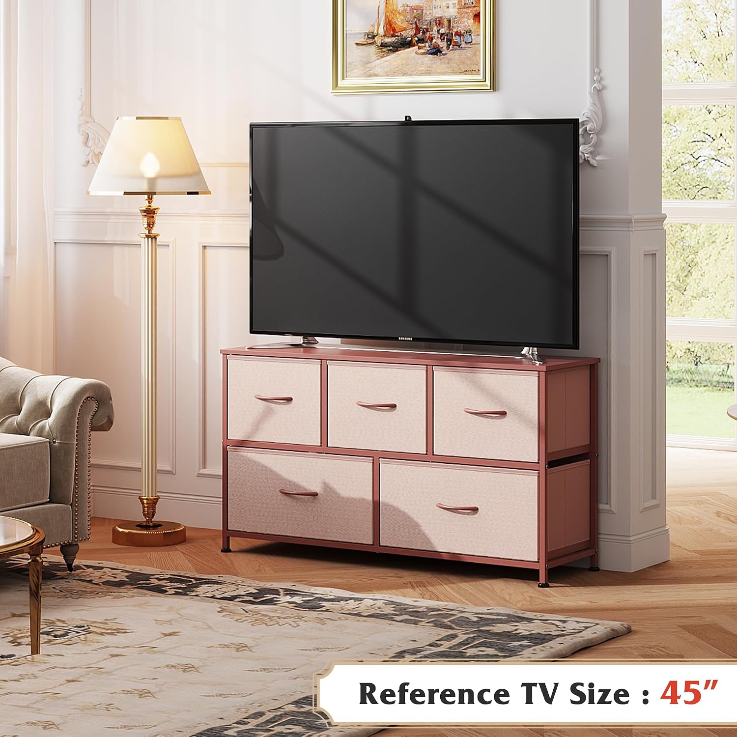 AUCT 22076 - $63 WLIVE Wide Dresser for Bedroom, 5 Drawer Chest of Drawers, Pink - Image 2