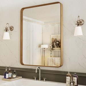 AUCT 21085m - $60 LOAAO 24X32 Inch Bathroom Mirror with Wood Grain Colored Metal Frame, Rounded Rectangl