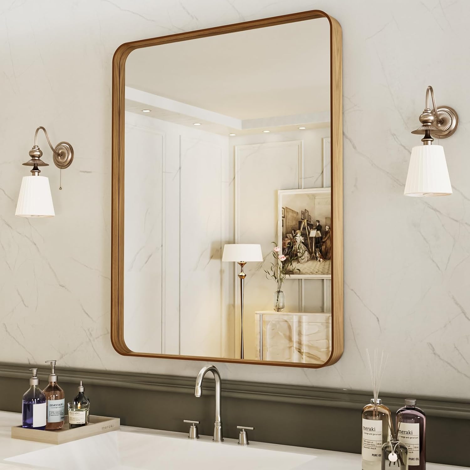AUCT 21085m - $60 LOAAO 24X32 Inch Bathroom Mirror with Wood Grain Colored Metal Frame, Rounded Rectangl