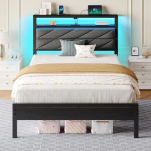 AUCT 22582 - $89 Seventable Bed Frame Twin Size with Charging Station LED Lights & Upholstered Storage