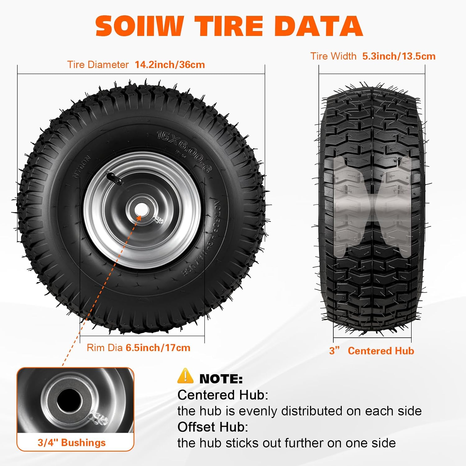 AUCT 20405 - $58 15x6.00-6 Lawn Mower Tire and Wheel Front Tire 2PCS, 3" Centered Hub | Bore ID 3/4" | - Image 3