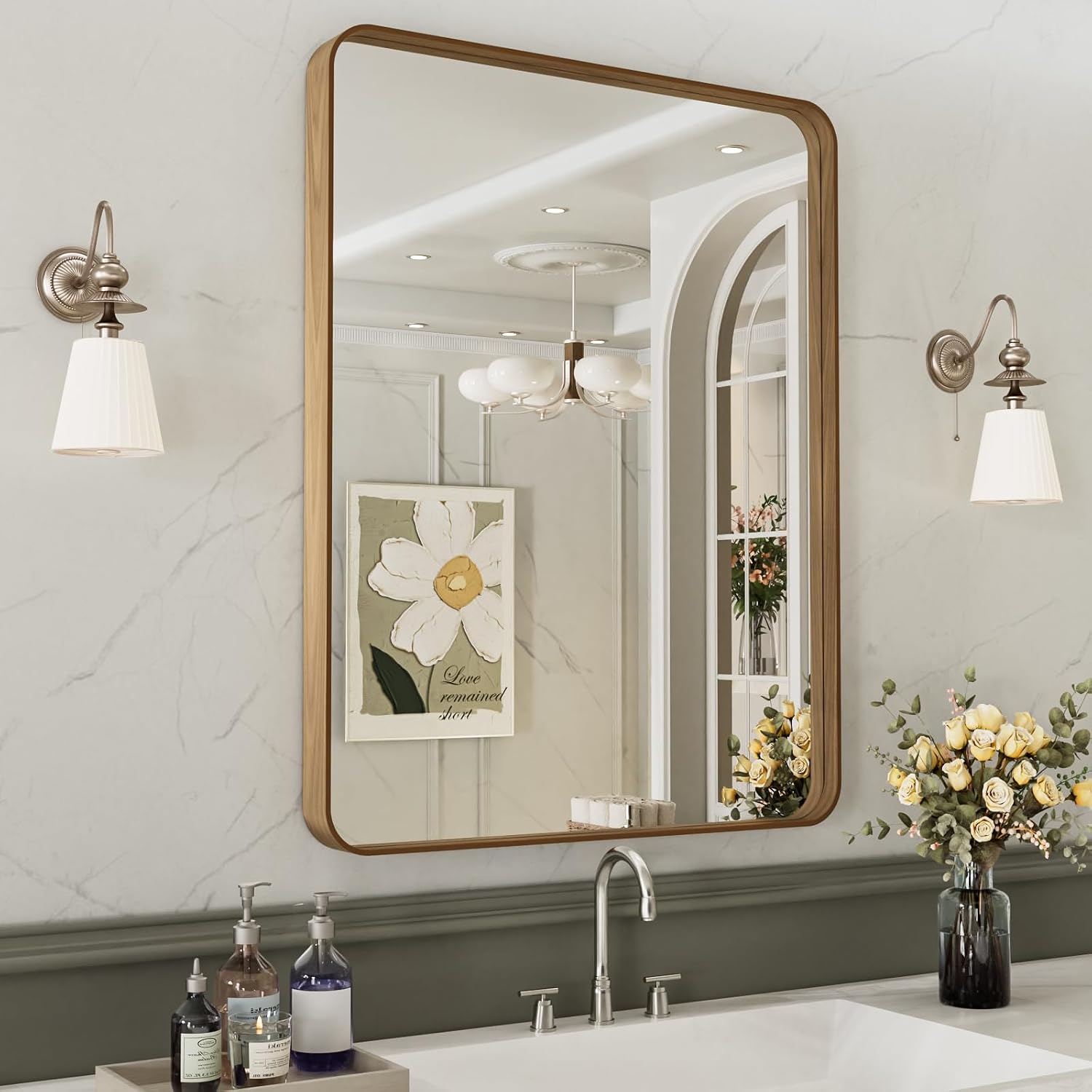 AUCT 21085m - $60 LOAAO 24X32 Inch Bathroom Mirror with Wood Grain Colored Metal Frame, Rounded Rectangl - Image 4