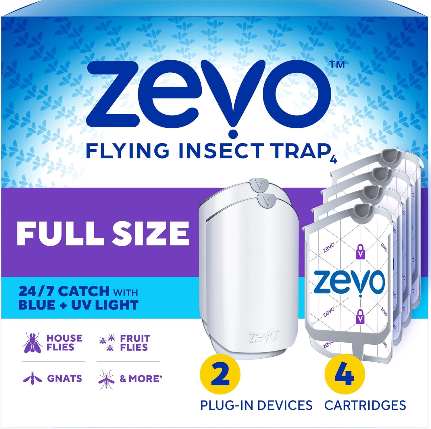 AUCT 21942 - Zevo Flying Insect Trap for Fruit Flies & Gnats, 2 Plug-in Bases, 4 Refills
