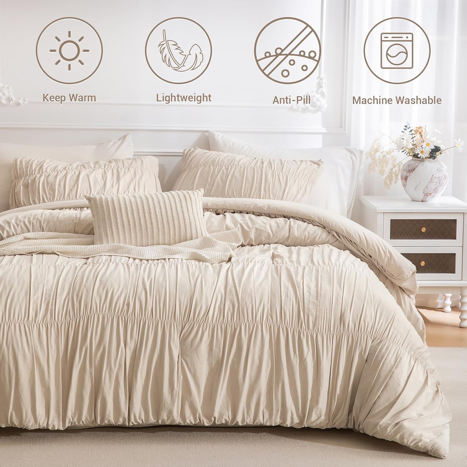 AUCT 20586 - $59 Lady Ann Oversized King 120 x 98 Bed Comforter Set- Wheat Ruched Boho Comforter Set fo - Image 3