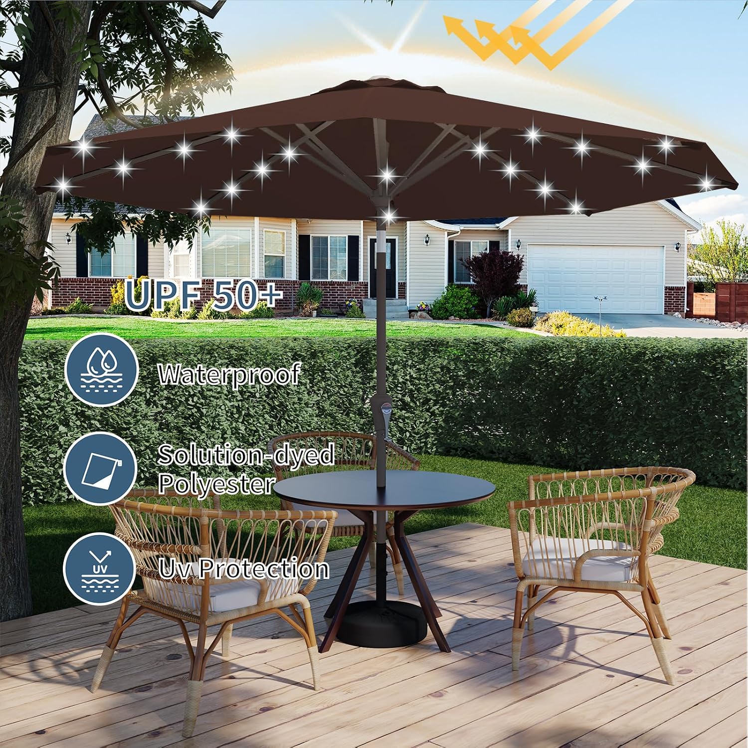 AUCT 22521 - $80 9FT Patio Umbrella with Solar Lights,Outdoor Market Umbrella with Tilt and Crank, LED - Image 3