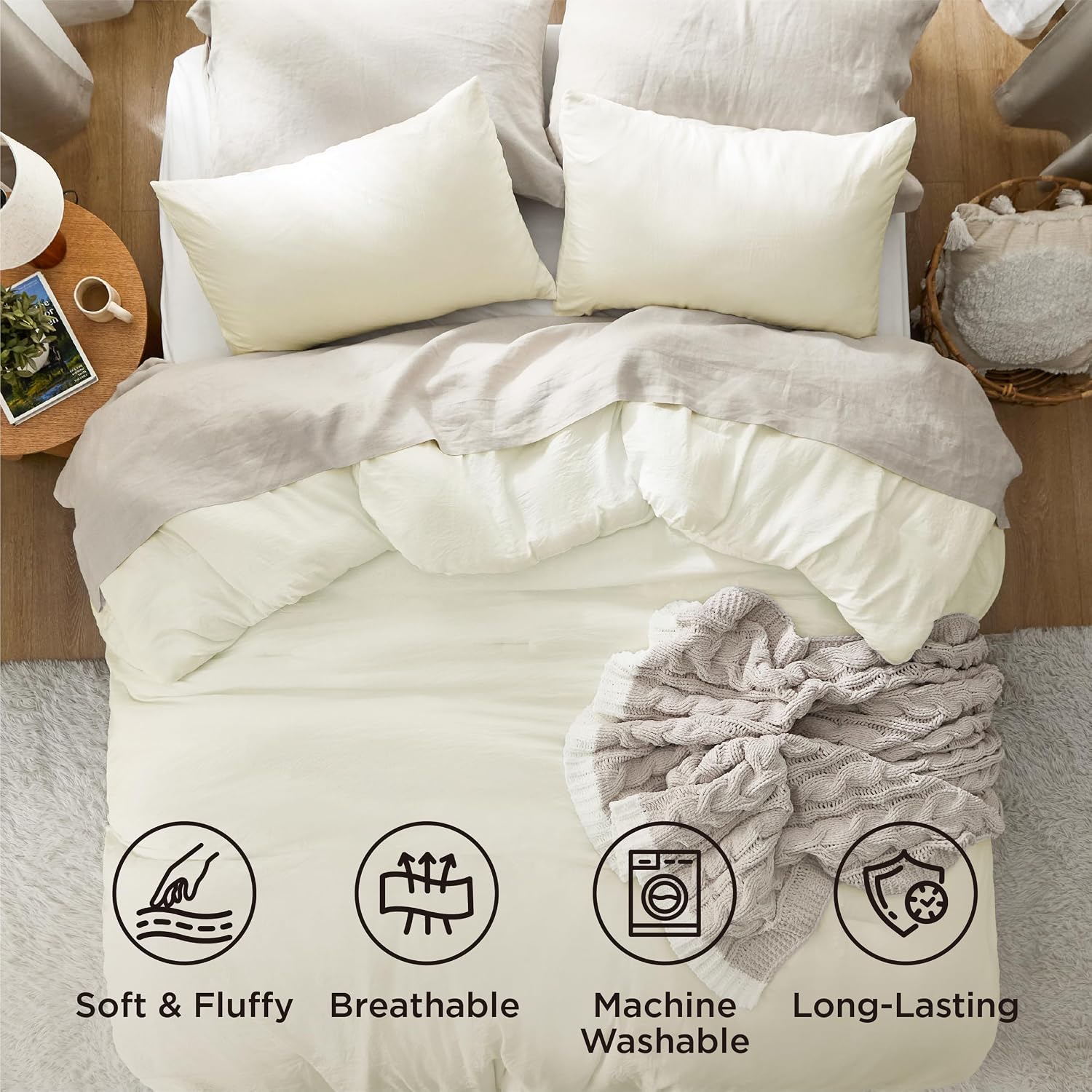 AUCT 20450 - $90 Bedsure Oversized King Comforter Prewashed Bedding Set 3Pcs Ivory 120"x98" - Image 4
