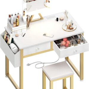 AUCT 20998 - $115 Lufeiya Small Makeup Vanity Desk with Mirror and Light, 32 inch White Vanity Desks Se