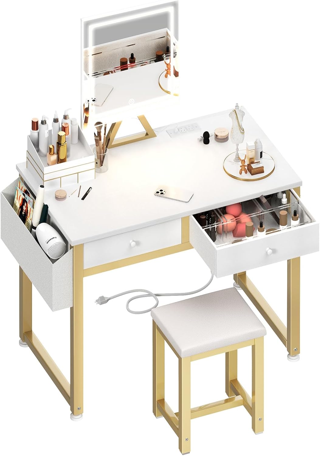 AUCT 20998 - $115 Lufeiya Small Makeup Vanity Desk with Mirror and Light, 32 inch White Vanity Desks Se