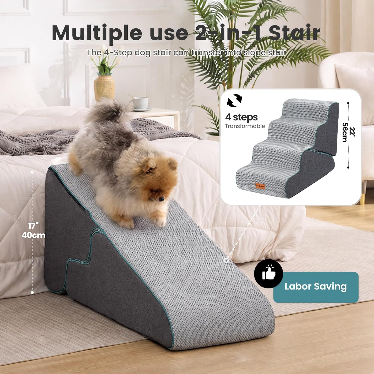 AUCT 20883 - Gardner Pet Dog Stairs for Small Dogs 22" H, 2 in 1 Transformable 4-Step Pet Stairs and Do - Image 2