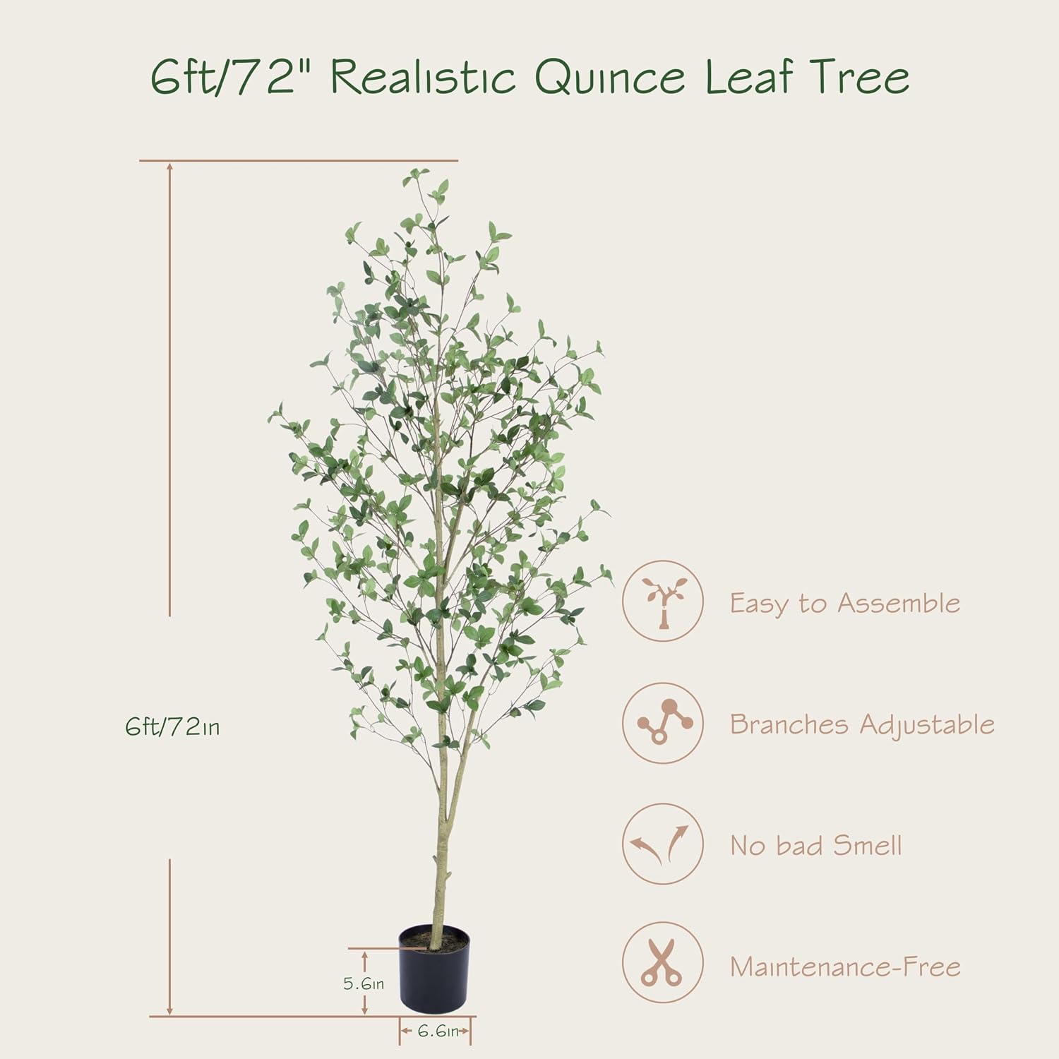 AUCT 20999 - $72 Bellacat 6ft Artificial Quince Leaf Tree with Realistic Trunks, 72in Faux Quince Leaf - Image 4