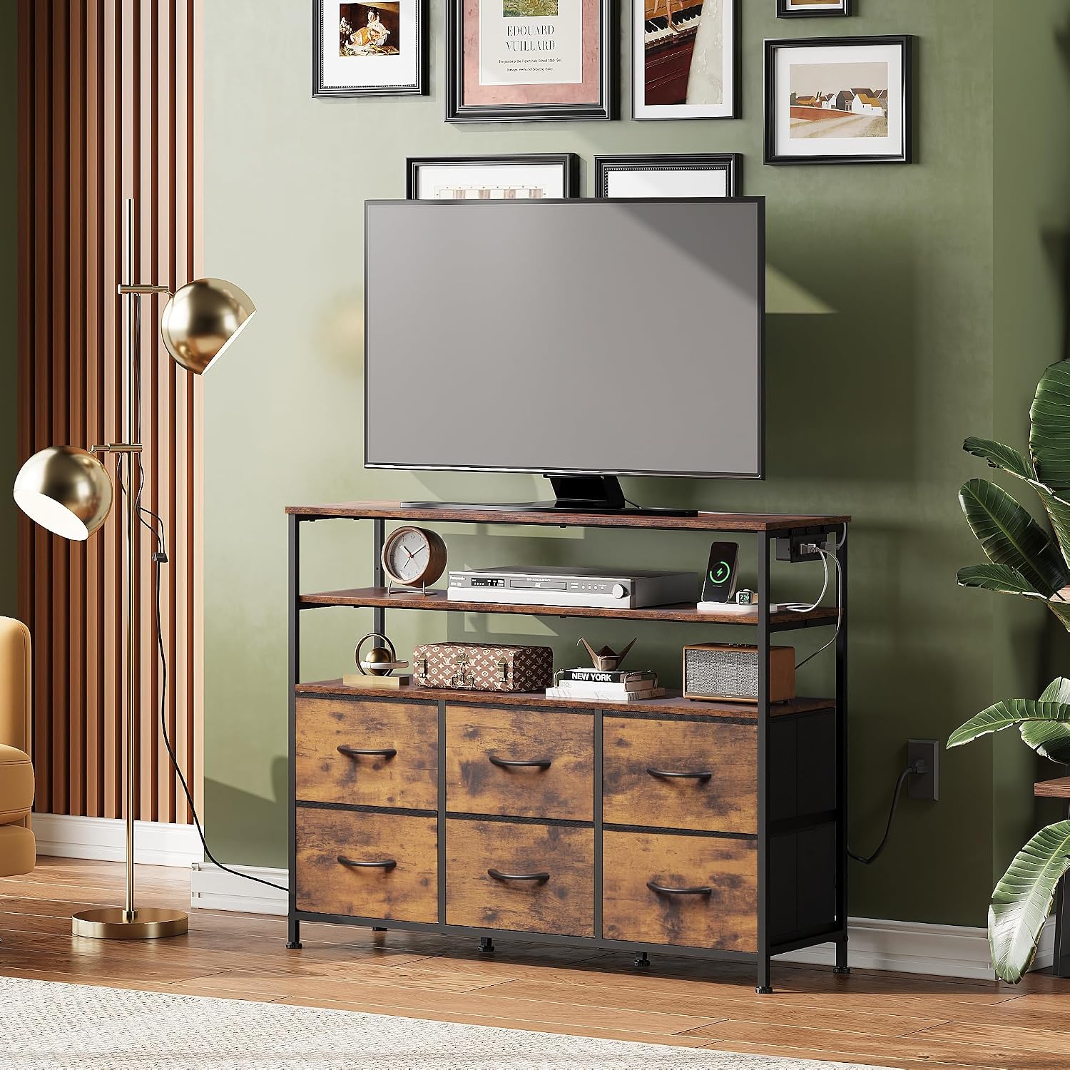 AUCT 20978 - $53 WLIVE TV Stand for 45" TV, 6 Fabric Drawer with LED, Rustic Brown - Image 2