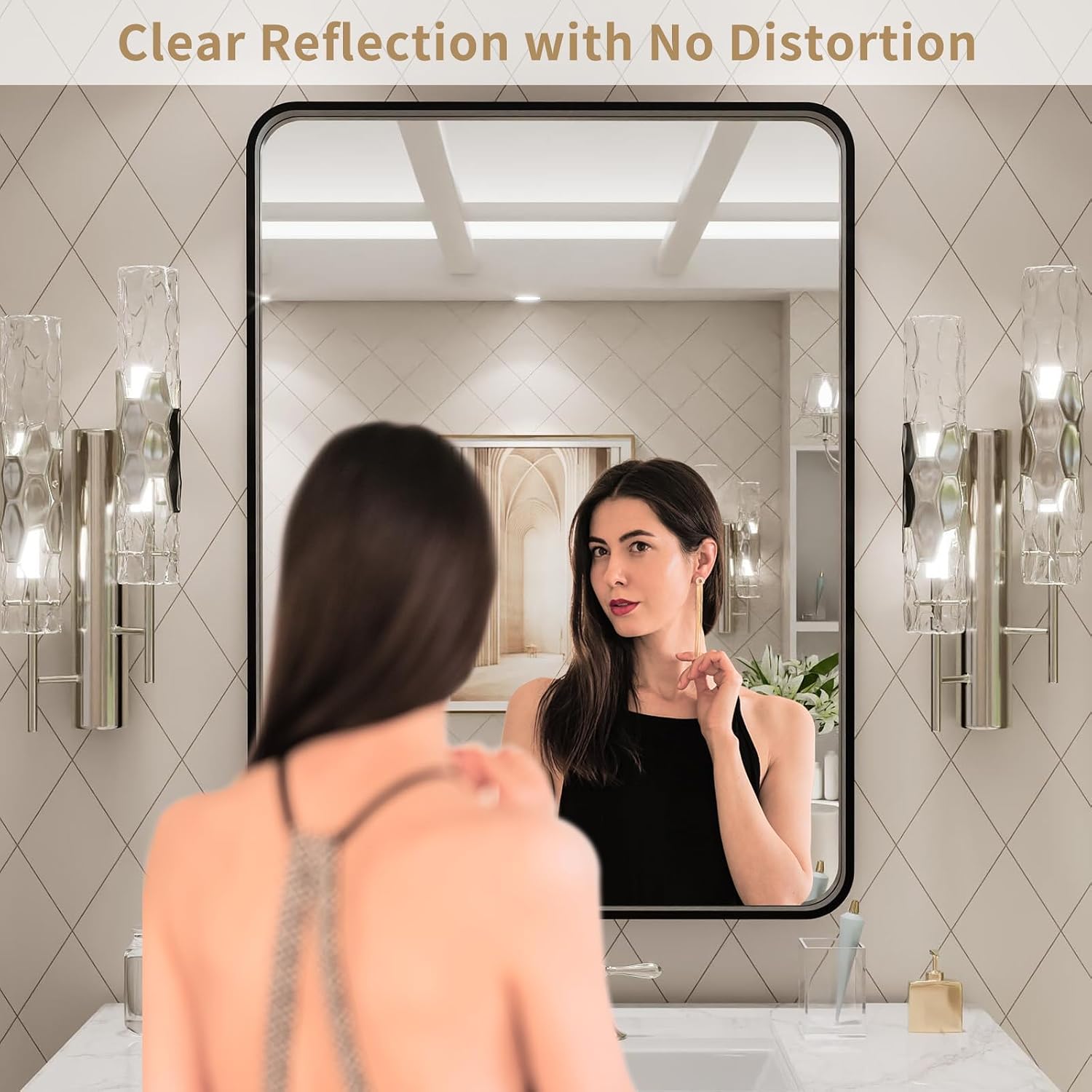 AUCT 20606m - $70 LOAAO 24X32 Inch Black Metal Framed Bathroom Mirror - Image 2