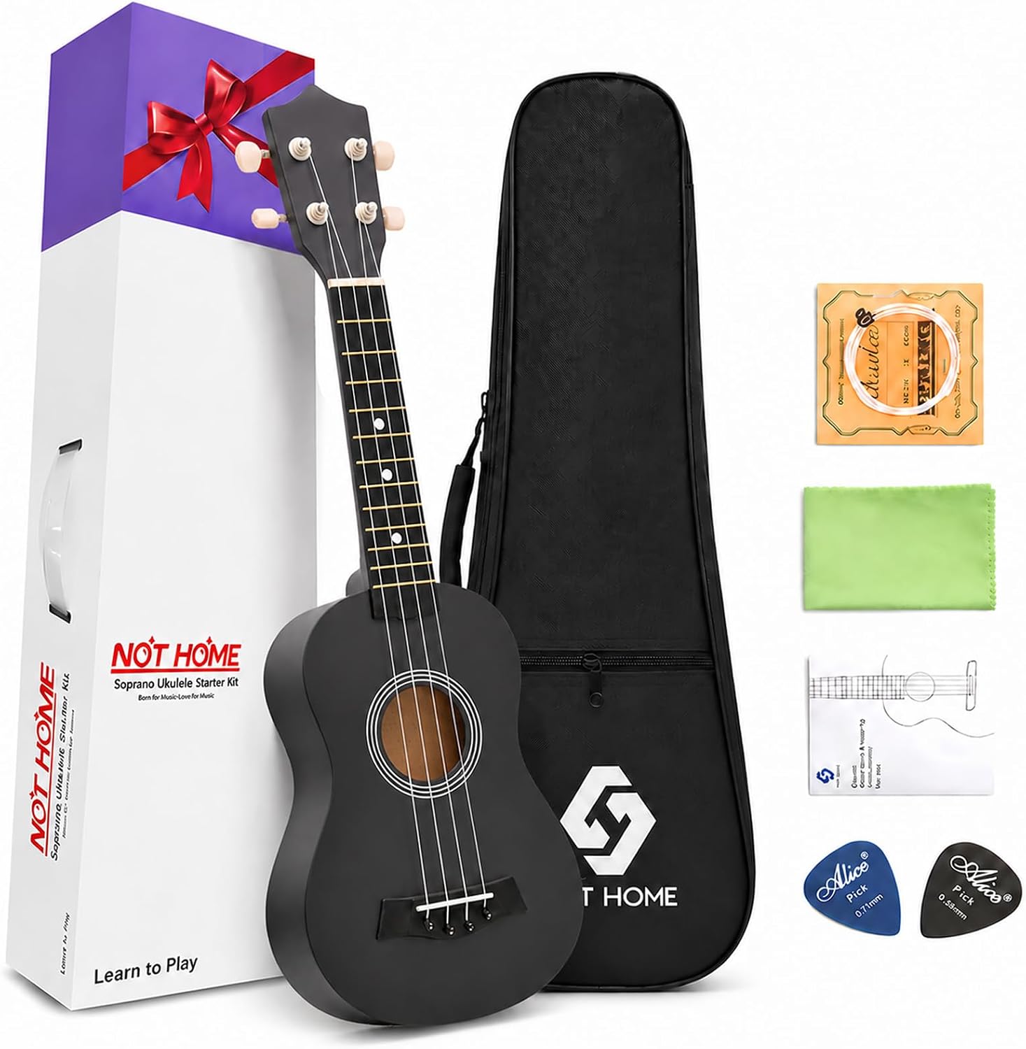 AUCT 21055 - Soprano Ukulele Beginner, 21 Inch Basswood kids Ukuleles Starter Kit Black