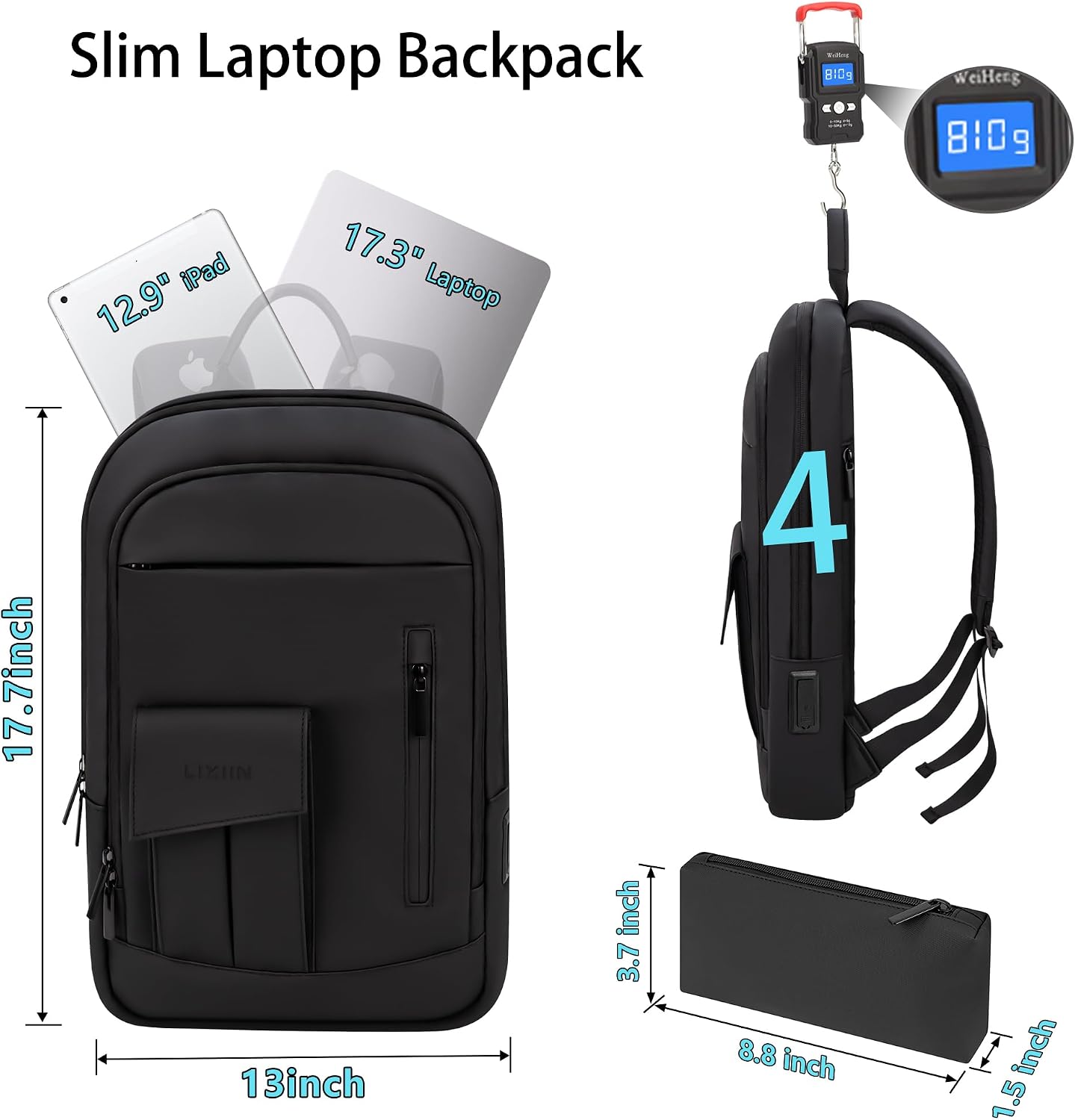 AUCT 22392 - Business Backpack for Men Slim Lightweight Laptop Backpack for 17.3 Inch Computer Water Re - Image 3