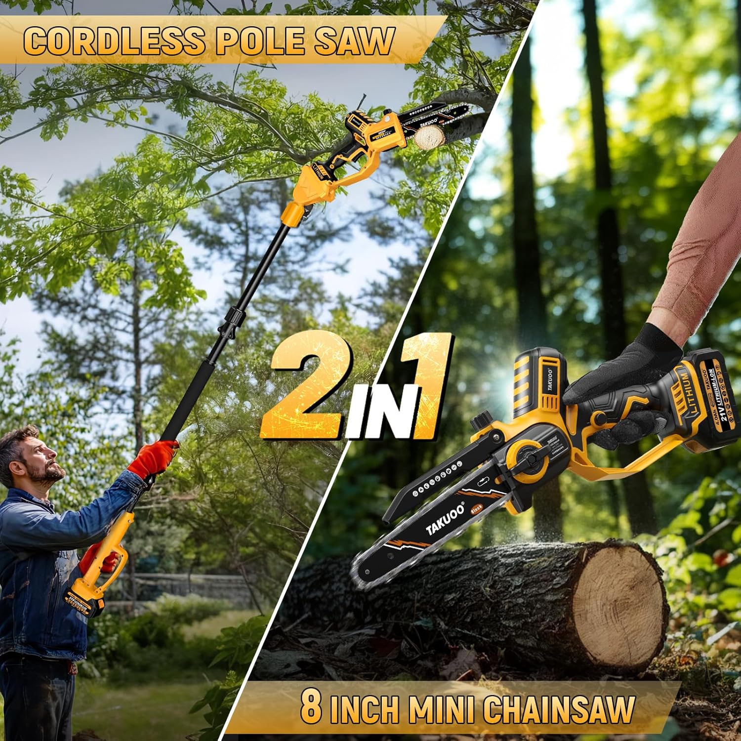AUCT 22013 - $160 Takuoo 2-in-1 Electric Pole Saw & Handheld 8 Inch Mini Chainsaw Cordless - Image 2